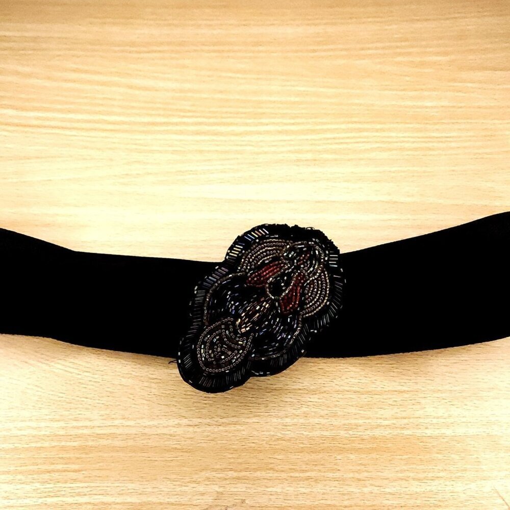 Unbranded Women's Black Wide Elastic Belt With Beaded Buckle